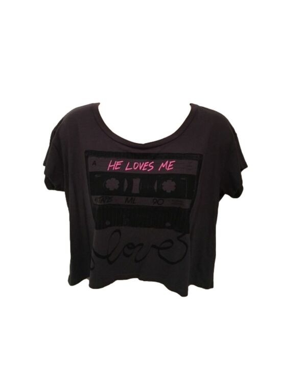 Stranded Tops - STRANDED  Dark Gray Crop Tee "He Loves Me" Tee (S)